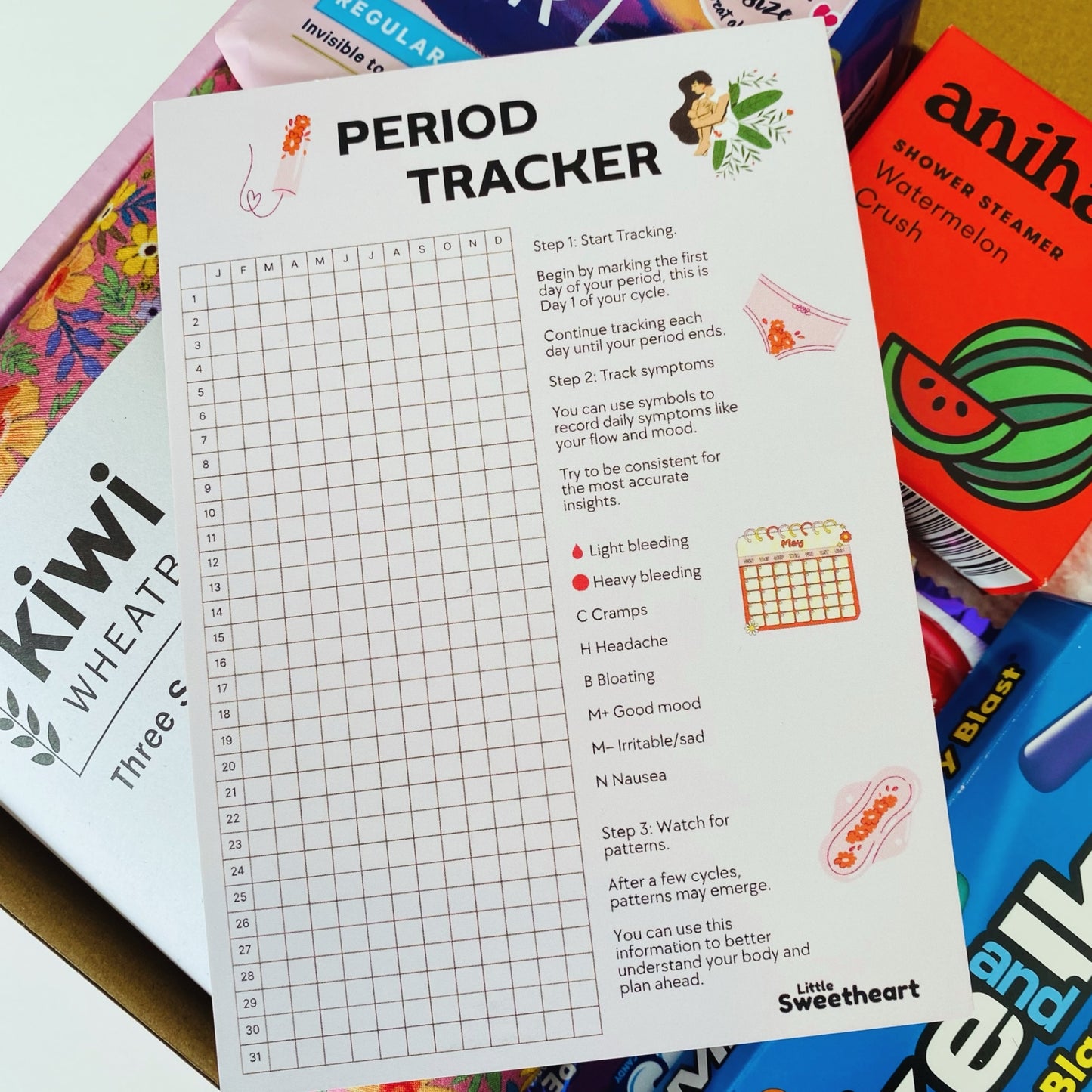 Cardboard period tracker to track her period and symptoms