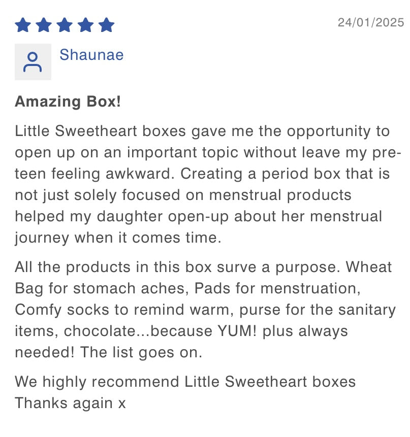 Testimonial from one of our customers talking about how our gift box helped create an opportunity to disucss periods without it feeling awkward.