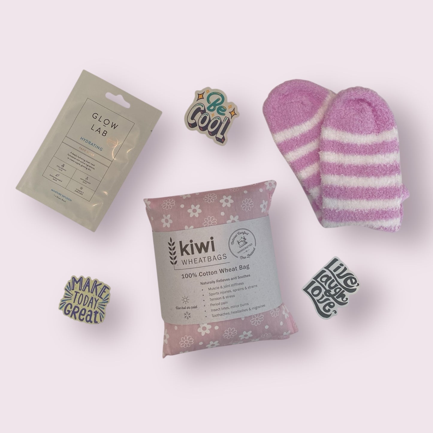 Face mask, wheat bag and fluffy socks