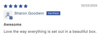Testimonial from a previous customer saying how she loves the way everything is set out in a beautiful box.