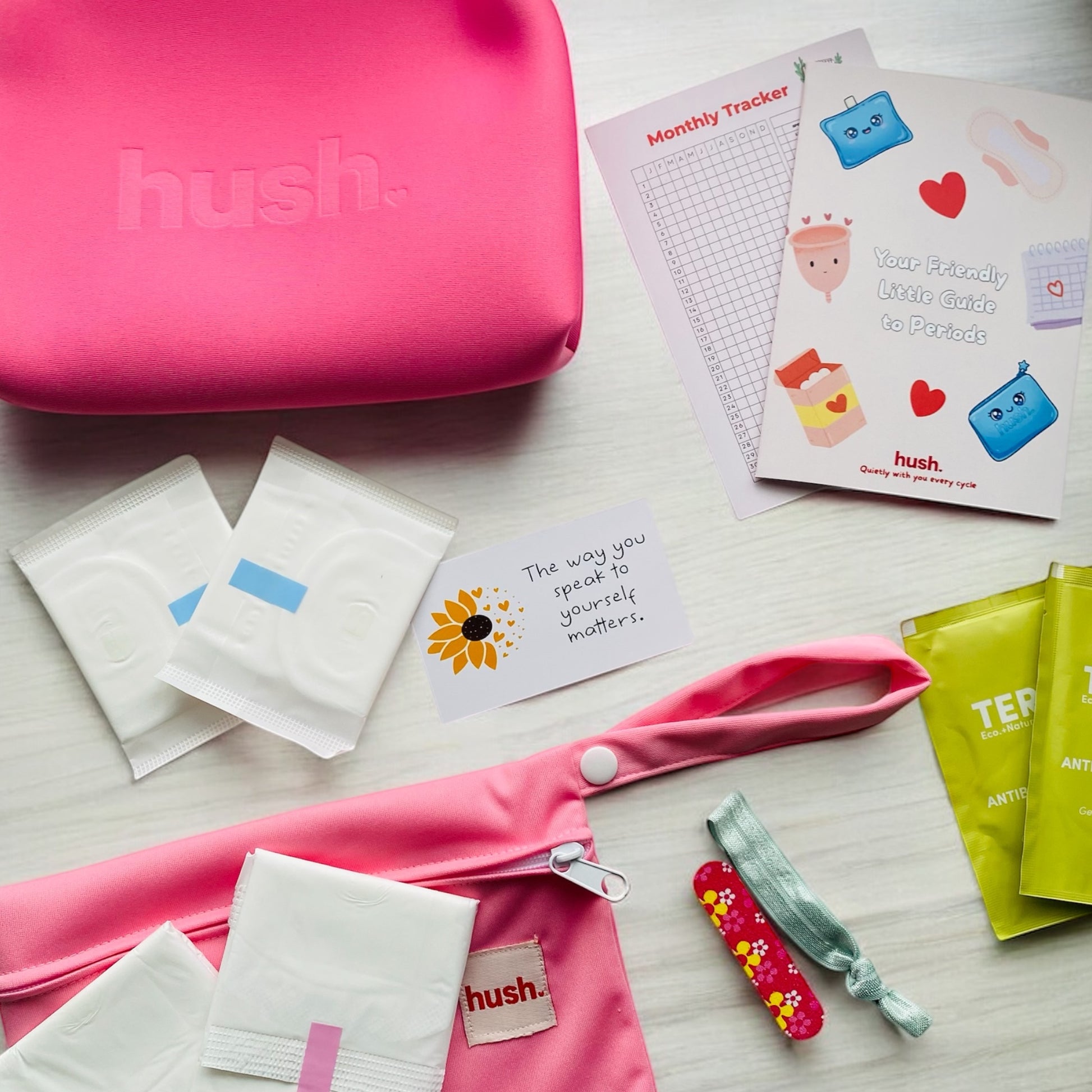 period kit includes, pads, liners, wet bag, antibacterial wipes, emergency nail file, hair tie, affirmation card, period guide and monthly tracker.