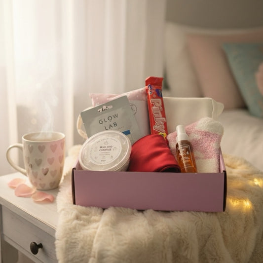 Beautiful gift box showcasing items inside. Kiwi wheatbag, little purse, face mask, pinky chocolate bar, milk and cookies body wash from bon bon factory, eye mask, fluffy socks and mco beauty body spray.