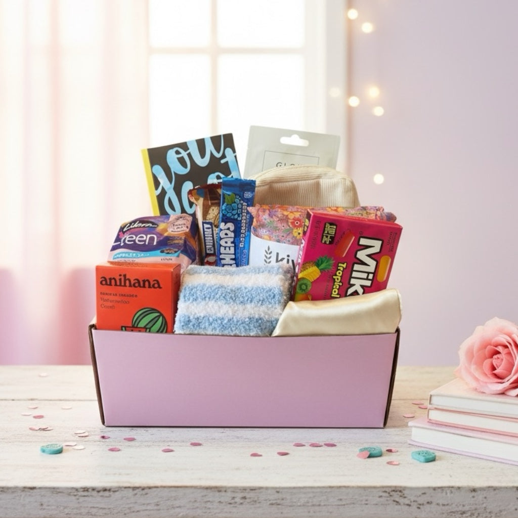 Items of gift box include, Anihana shower steamer, fluffy socks, eye mask, American candy, Libra teen pads, kiwi wheat bag, glow lab face mask and awesome inc journal 