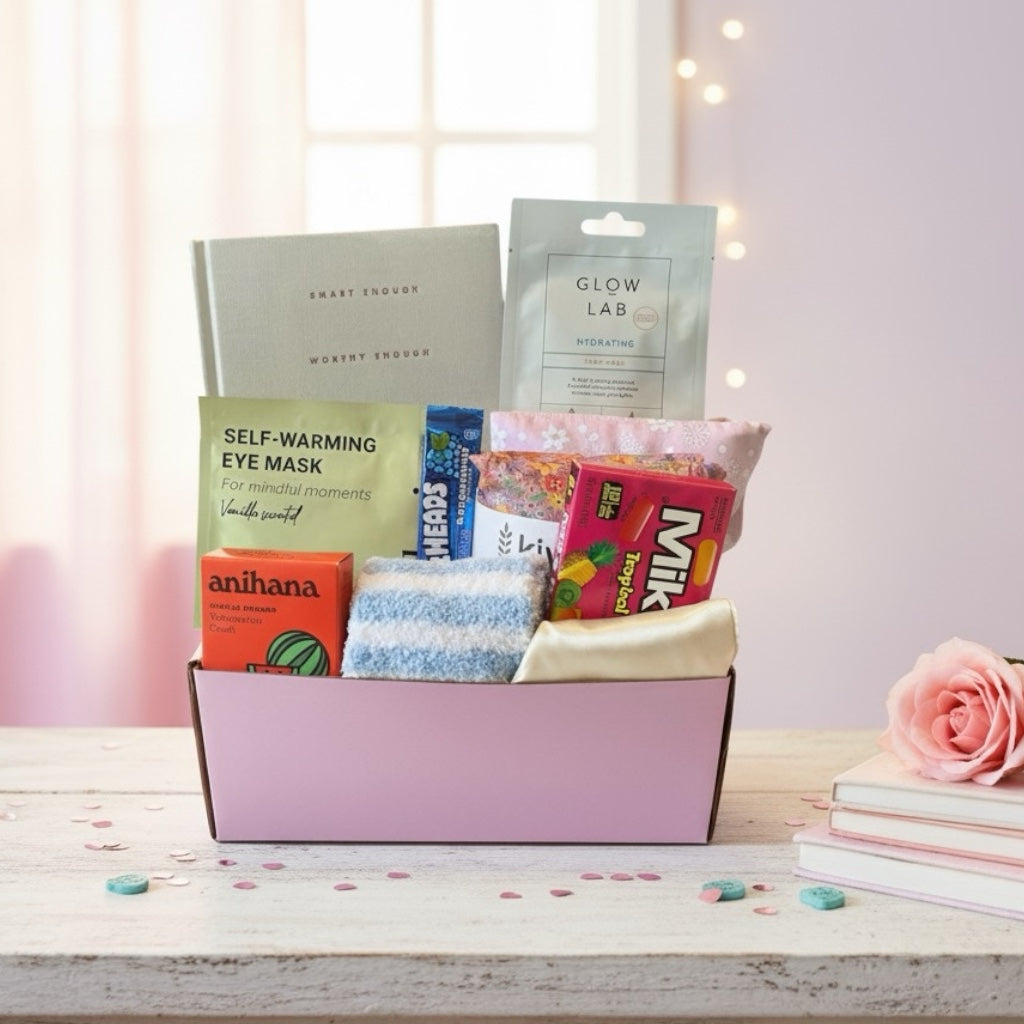 Gift box full of pamper treats. Fluffy socks, shower steamer, wheat bag, gratitude journal, American treat. 